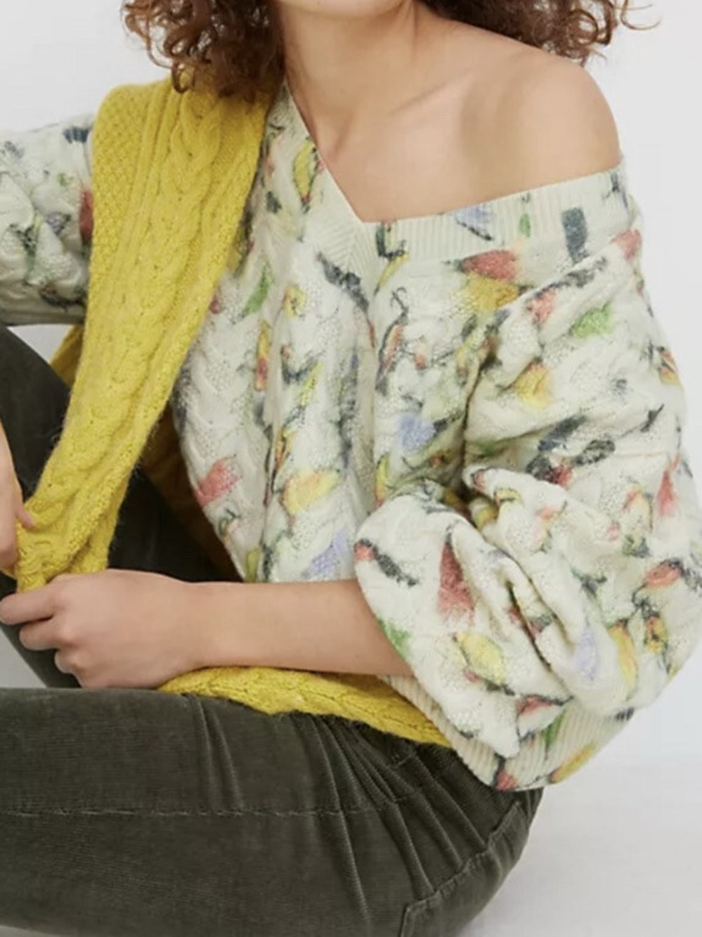 Anthropologie Catch of the Day Lambswool Cable Knit Sweater V-neck Birds Medium - Picture 2 of 10